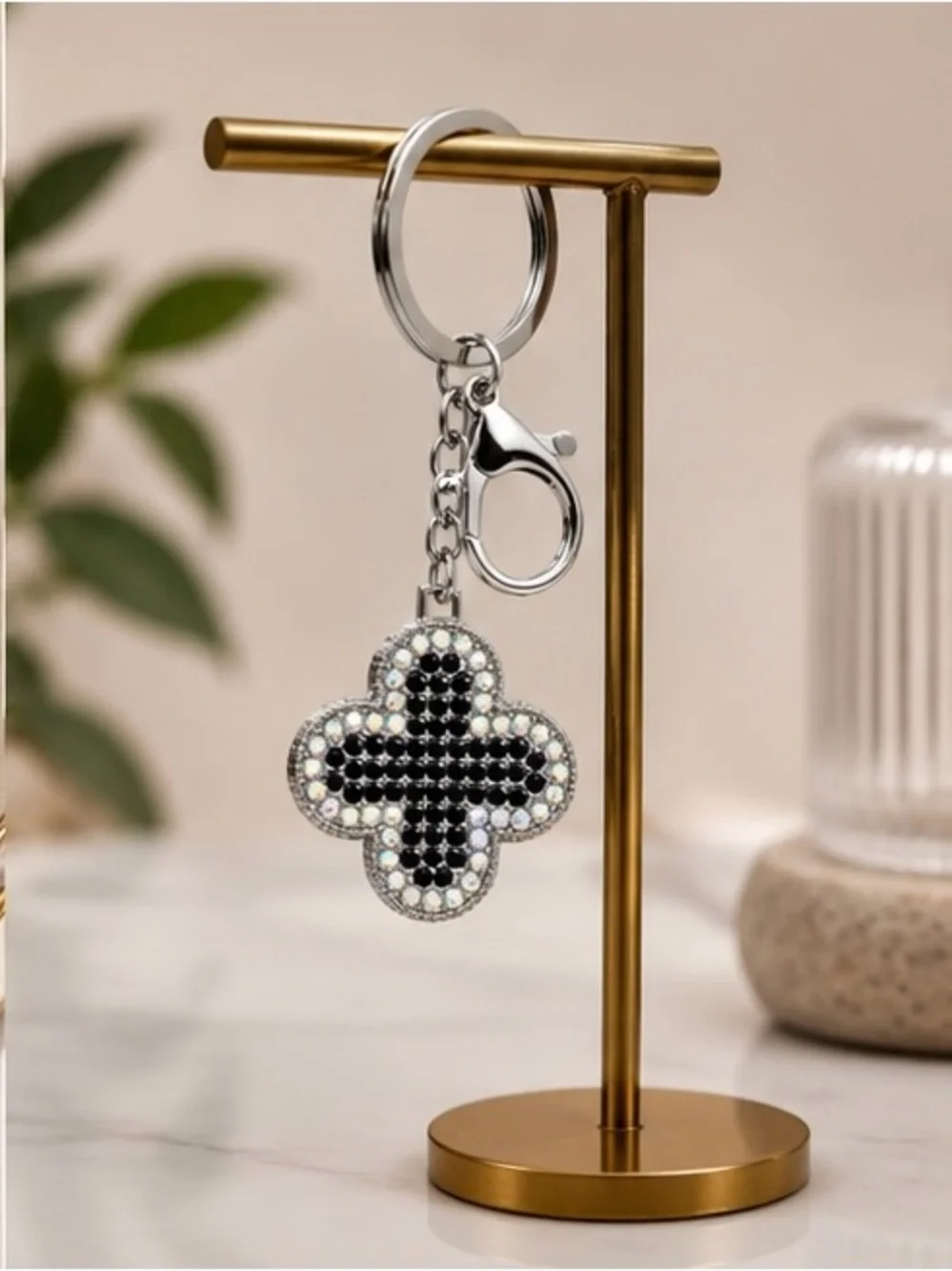 Silver Keyring with Black & White Crystal Clover Charm